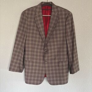J. Hilburn Men's 44R Gray/Red Plaid Lined Italian Wool Blazer Jacket 2 Button